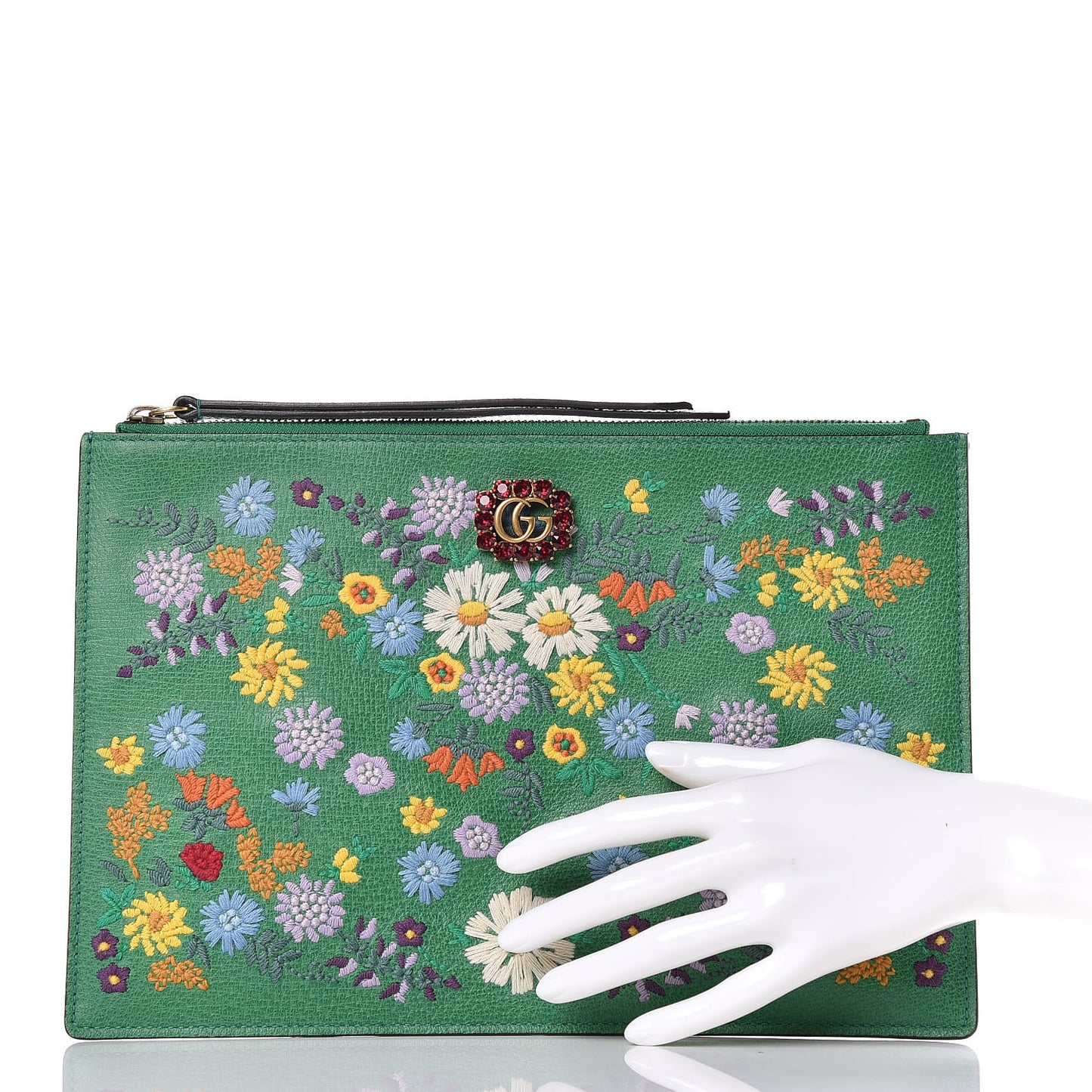 Textured Calfskin Crystal Fiori Floral Embroidered GG Zip Pouch Grass Green