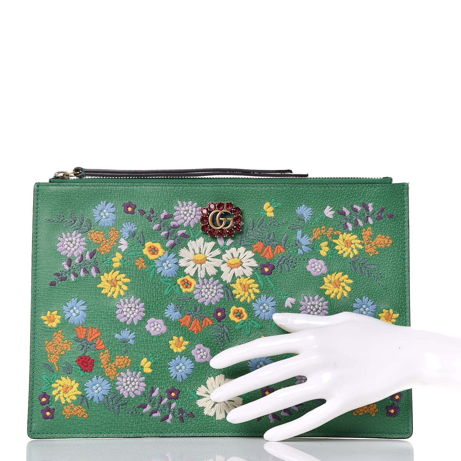Gucci Textured Calfskin Crystal Fiori Floral Embroidered GG Zip Pouch Grass Green 2 of 7