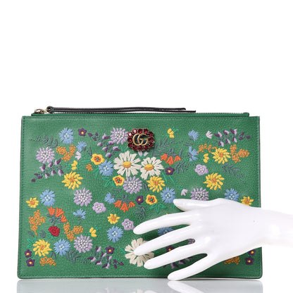 Gucci Textured Calfskin Crystal Fiori Floral Embroidered GG Zip Pouch Grass Green 2 of 7