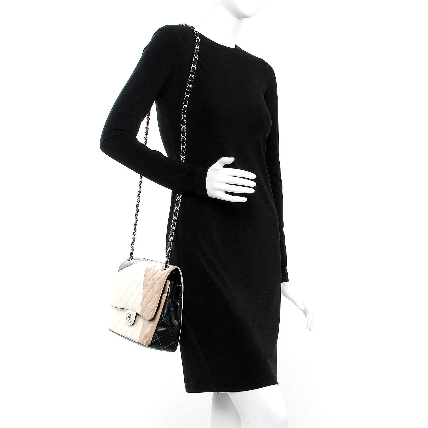 Chanel Lambskin Quilted Colorblock Jumbo Double Flap Black White Beige 2 of 19