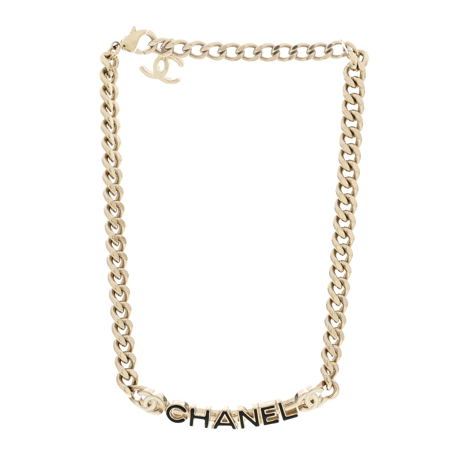 Chanel Enamel Metal Logo Choker Necklace Gold Black White 3 of 7
