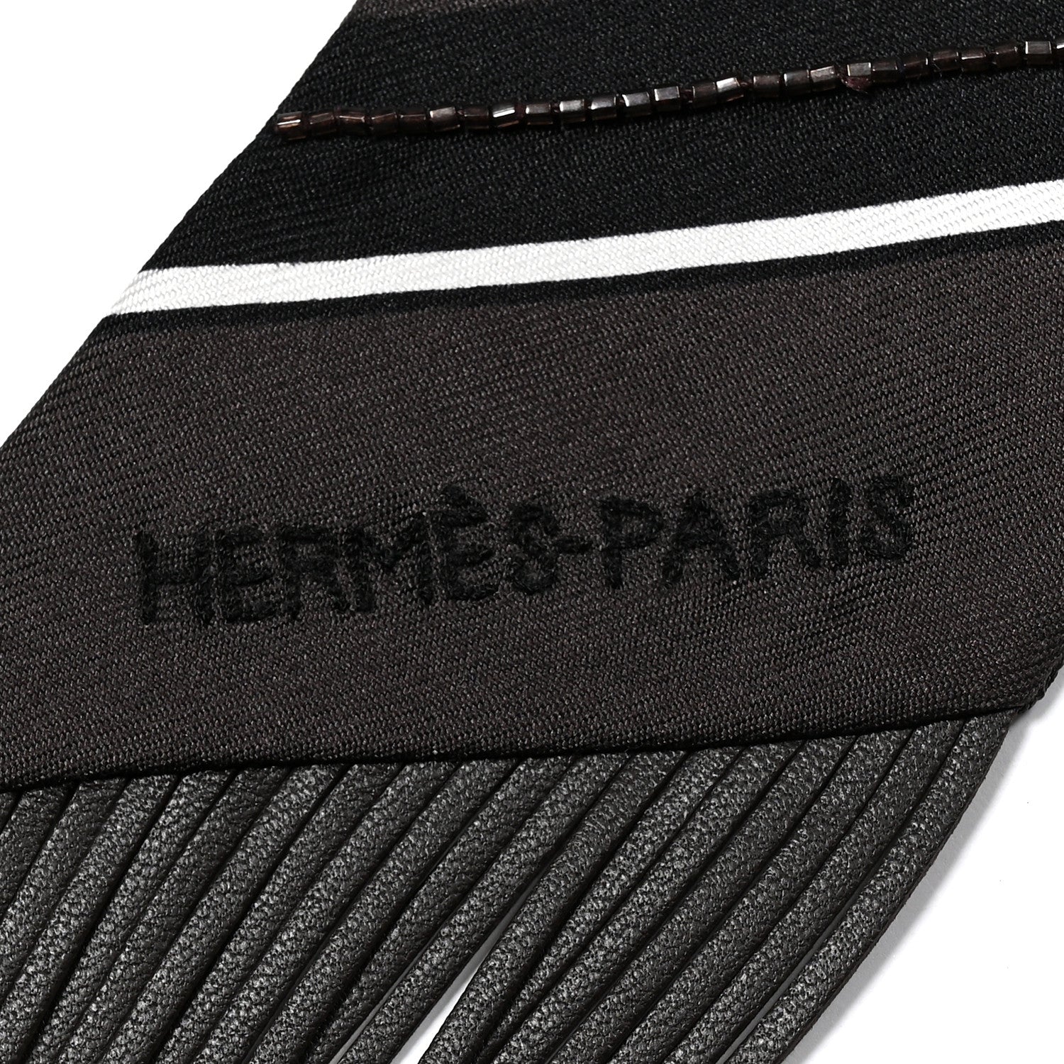 Hermes Silk Beaded Guepard Bandana Fringed Twilly Cacao Etoupe White 3 of 4