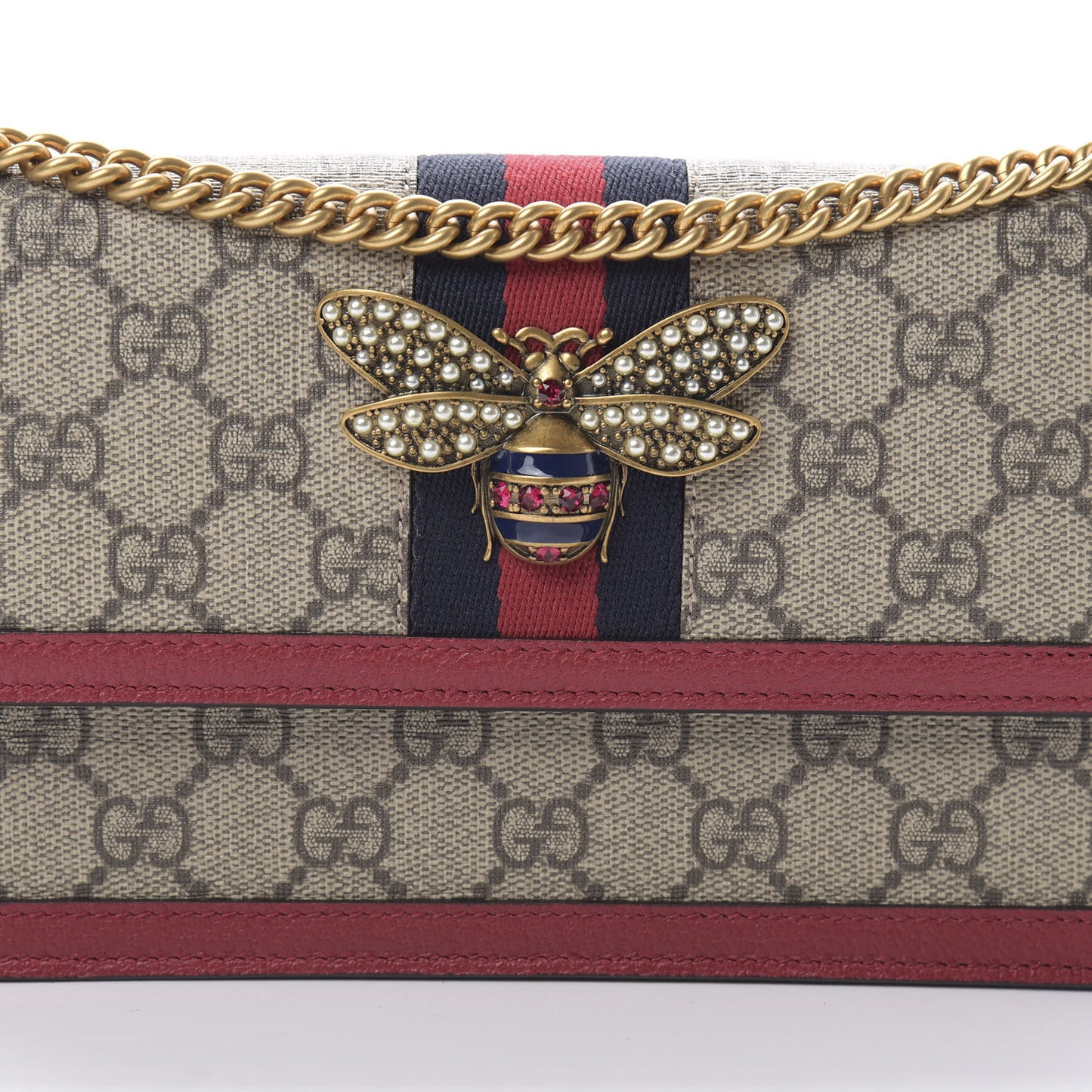 GG Supreme Monogram Web Queen Margaret Chain Wallet Red