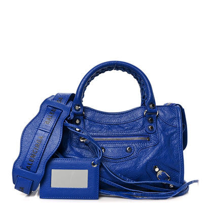 Balenciaga Agneau Classic Silver Hardware Mini City Logo Strap Bleu Electric Black 3 of 11