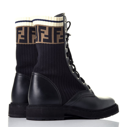 Fendi Calfskin Stretch Fabric Rockoko Biker Boots 37 Tobacco Black Marino 4 of 8