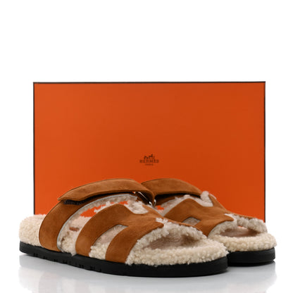 Hermes Suede Goatskin Woolskin Womens Chypre Sandals 38 Brun Fume Ecru 9 of 9