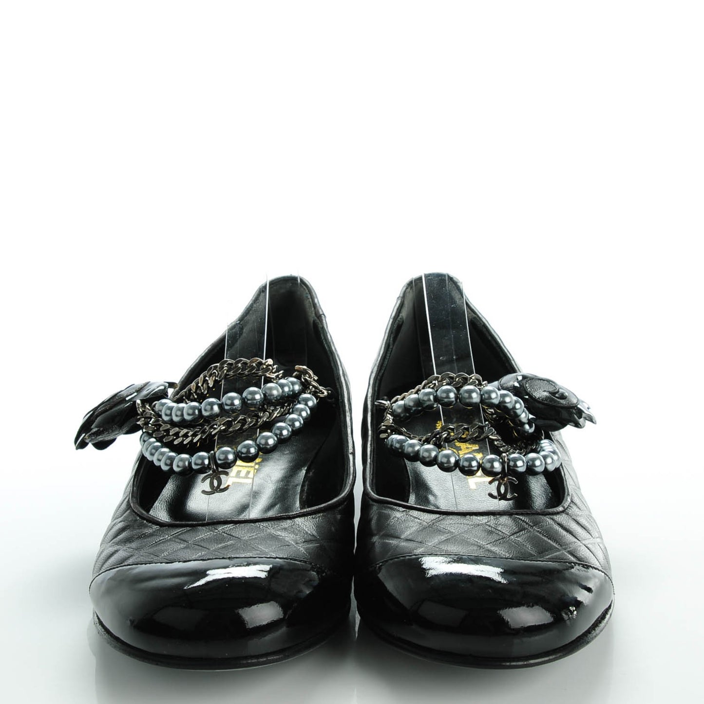 Lambskin Patent Quilted Cap Toe Pearl Ballerina Flats 38.5 Black