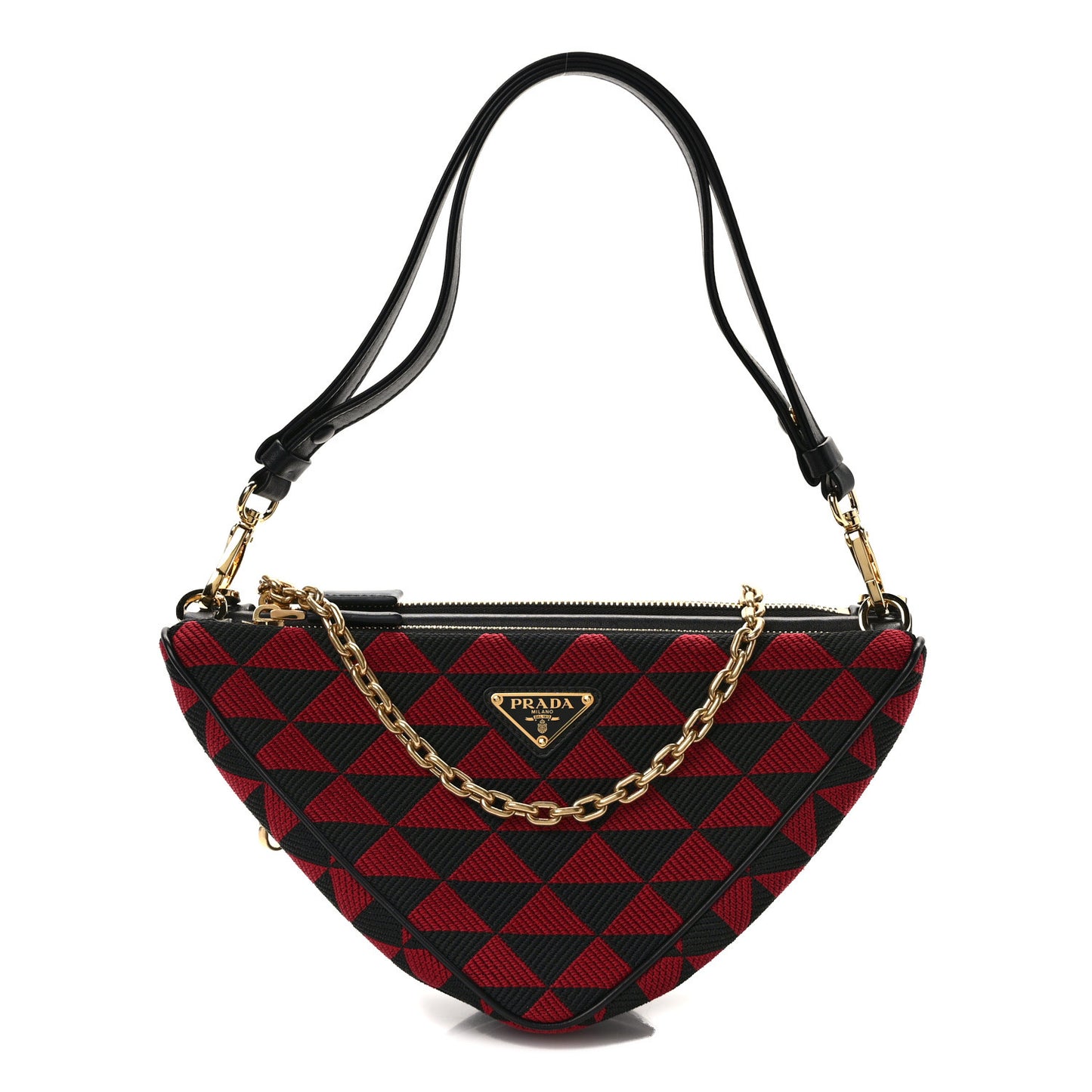 Jacquard Calfskin Triangolo Symbole Embroidered Mini Triangle Double Bag Black Ciliegia