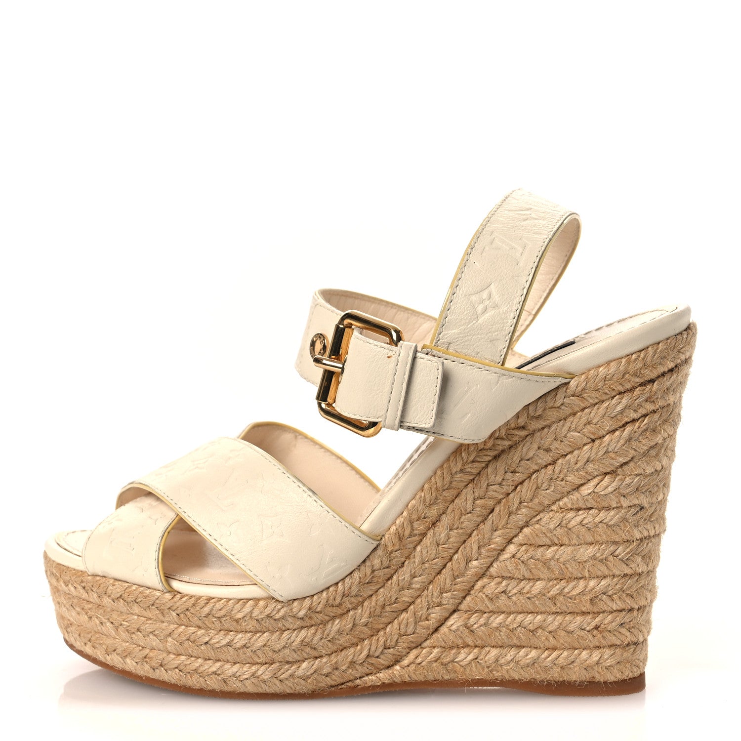 Louis Vuitton Calfskin Monogram Embossed Espadrille Wedge Sandals 36 White 1 of 15