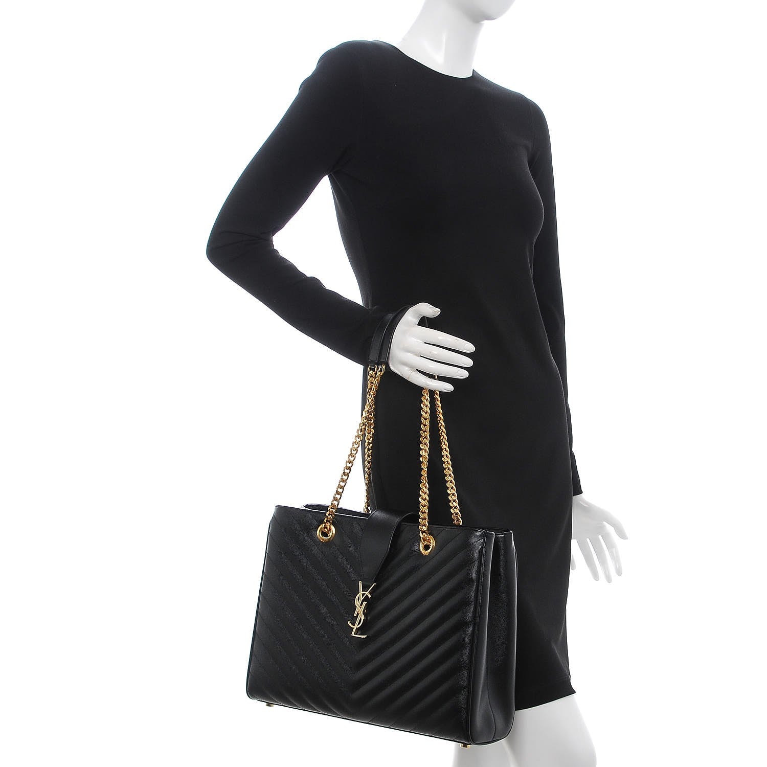Saint Laurent Grain De Poudre Matelasse Chevron Monogram Shopping Bag Black 2 of 9