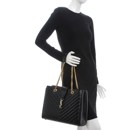 Saint Laurent Grain De Poudre Matelasse Chevron Monogram Shopping Bag Black 2 of 9