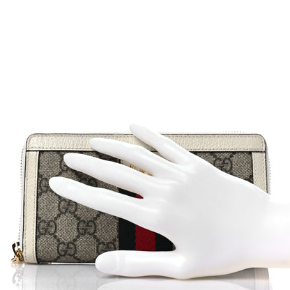 Gucci GG Supreme Monogram Textured Dollar Calfskin Web Ophidia Zip Around Wallet Beige Ebony Mystic White 2 of 7