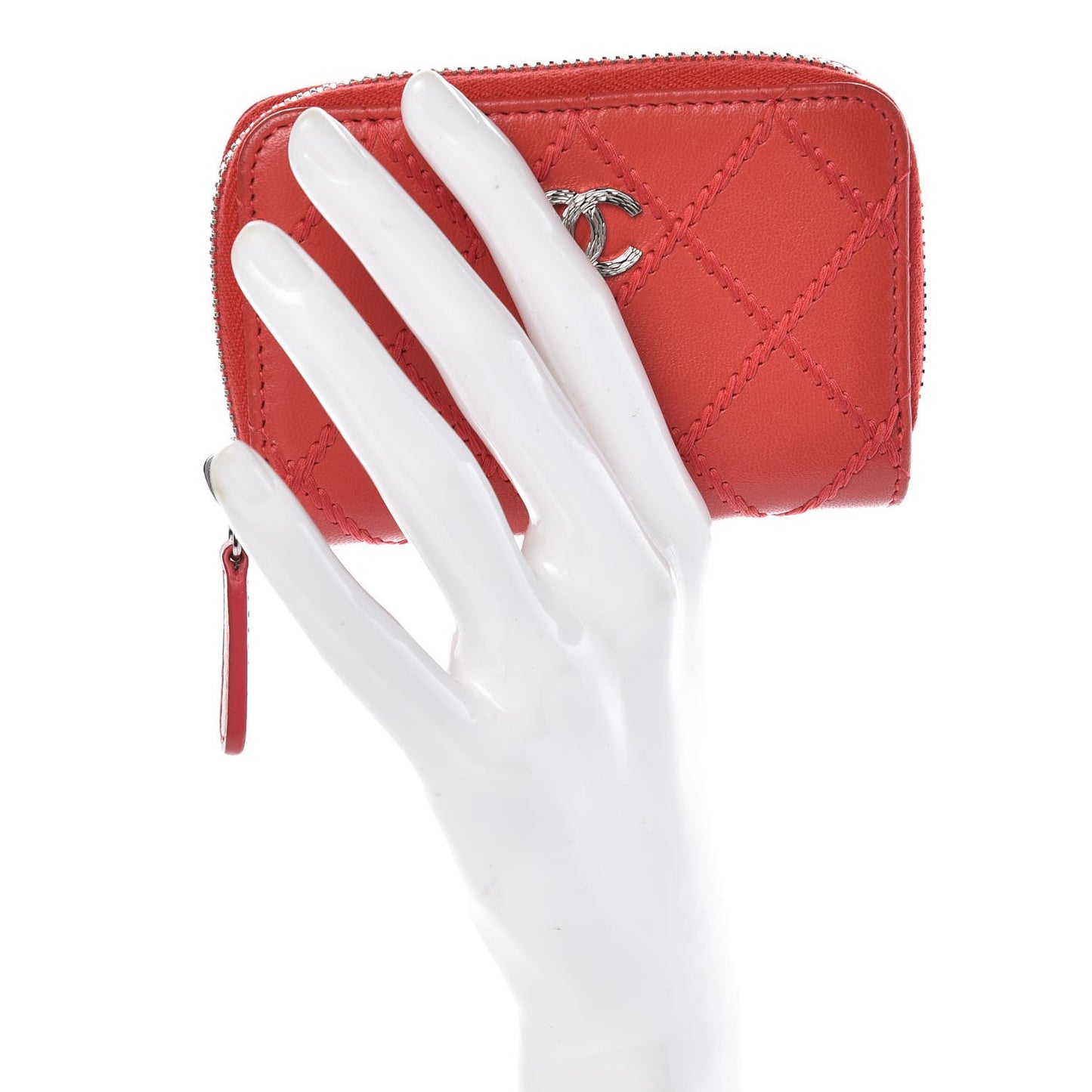 Lambskin Double Stitch Zip Coin Purse Coral Pink