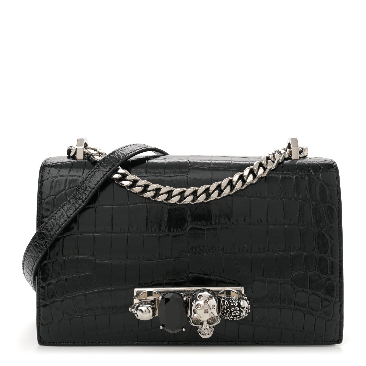 Alexander McQueen Shiny Calfskin Crocodile Embossed Knuckle Jeweled Crossbody Black 1 of 11