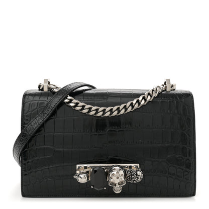 Alexander McQueen Shiny Calfskin Crocodile Embossed Knuckle Jeweled Crossbody Black 1 of 11