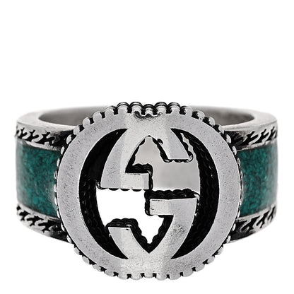 Gucci Sterling Silver Enamel Interlocking G Band Ring 50 5.25 Turquoise 1 of 6