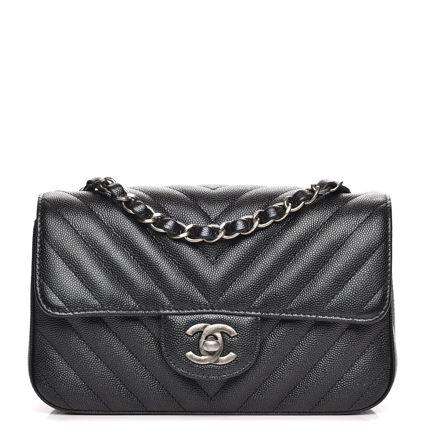 Metallic Caviar Chevron Quilted Mini Rectangular Flap Black