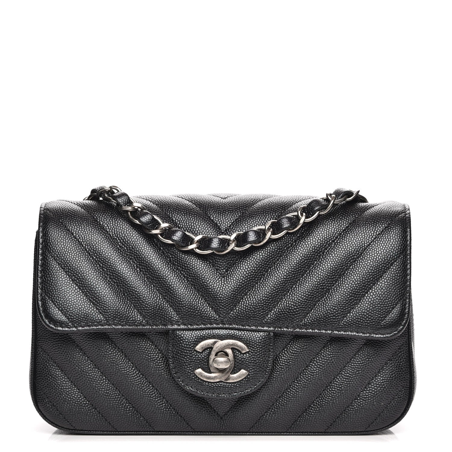 Chanel Metallic Caviar Chevron Quilted Mini Rectangular Flap Black 1 of 8