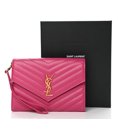 Saint Laurent Grain De Poudre Matelasse Chevron Monogram Envelope Clutch Fresh Fuxia 9 of 9