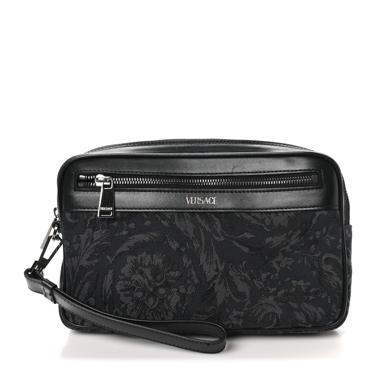 Fabric Jacquard Calfskin Barocco Wristlet Pouch Black