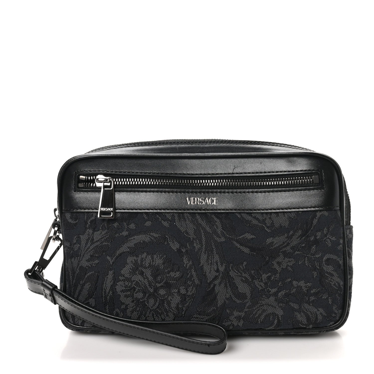 Versace Fabric Jacquard Calfskin Barocco Wristlet Pouch Black 1 of 10