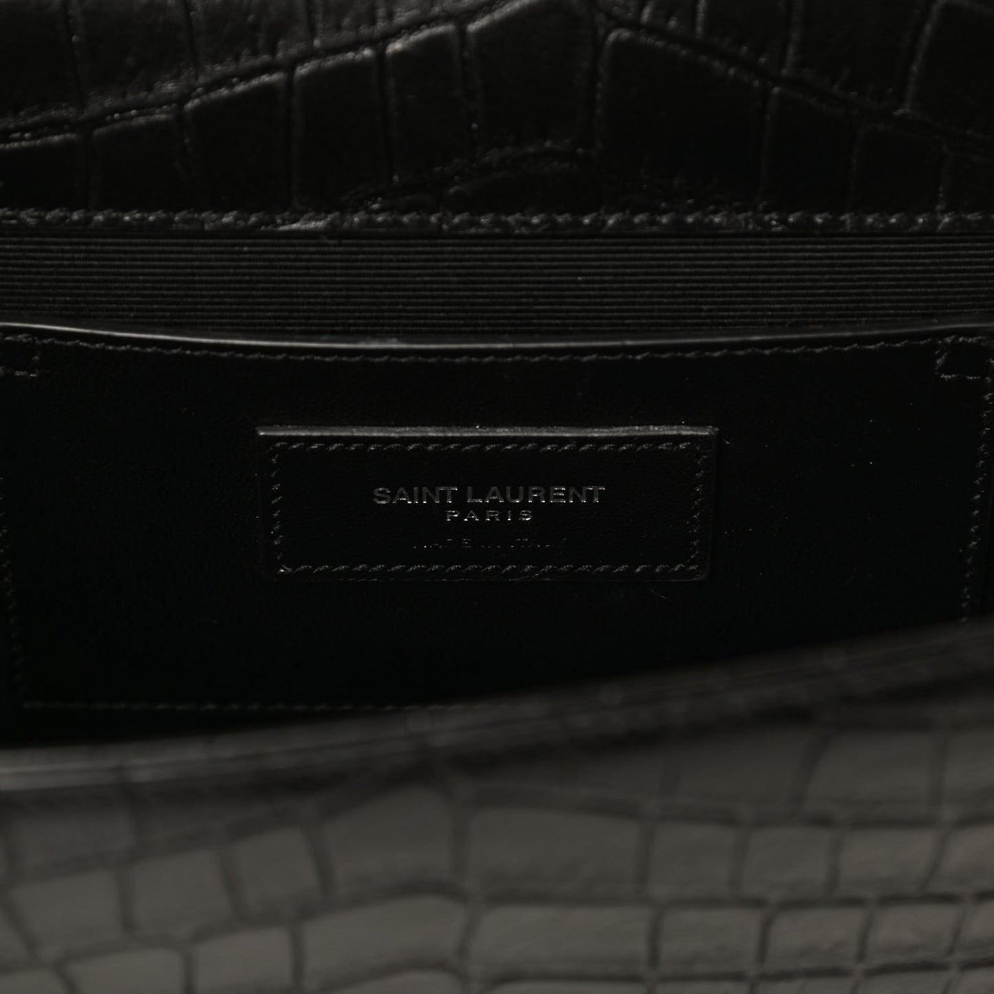 Calfskin Crocodile Embossed Medium Classic Monogram Kate Tassel Satchel Black