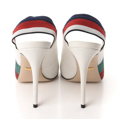 Gucci Calfskin Glitter Web High Heel Slingback Pumps 37.5 White 5 of 12
