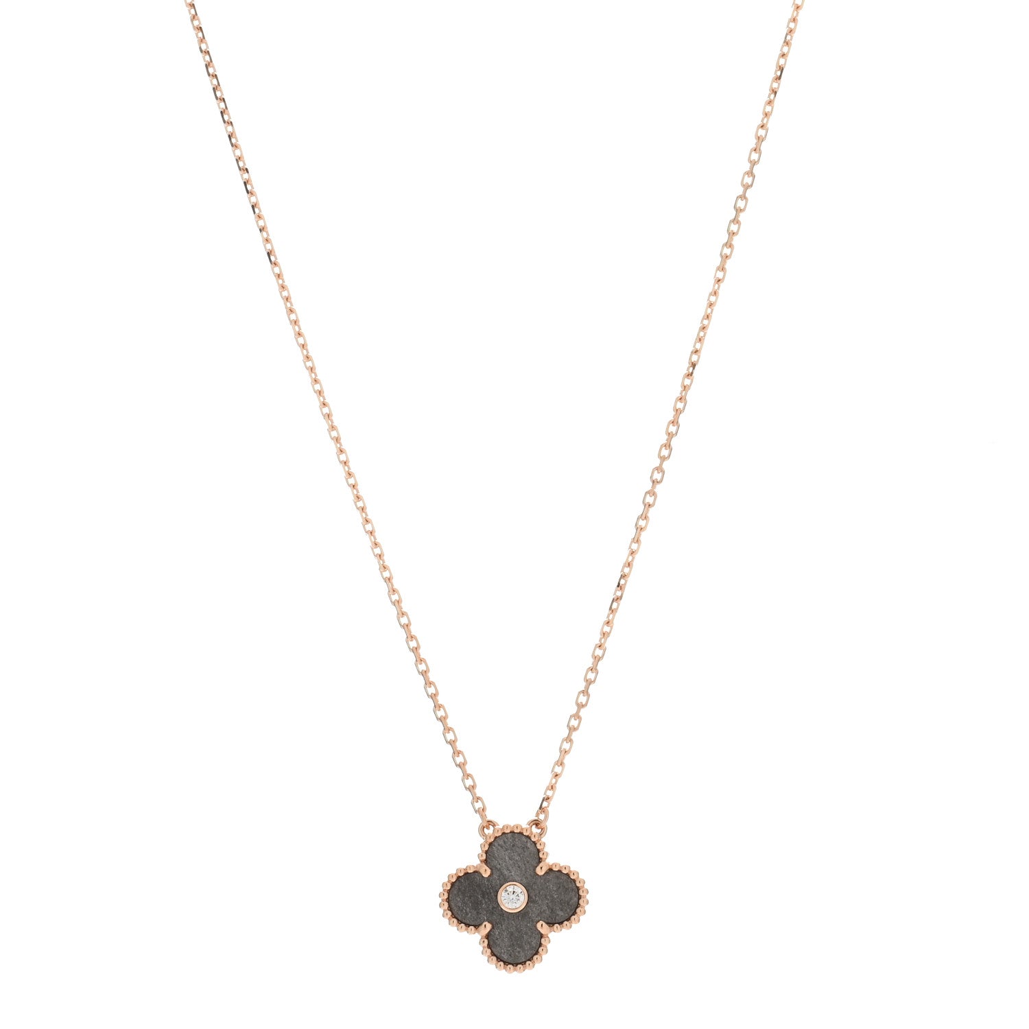 Van Cleef & Arpels 18K Rose Gold Diamond Silver Obsidian Vintage Alhambra Pendant Necklace 1 of 4