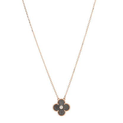 Van Cleef & Arpels 18K Rose Gold Diamond Silver Obsidian Vintage Alhambra Pendant Necklace 1 of 4