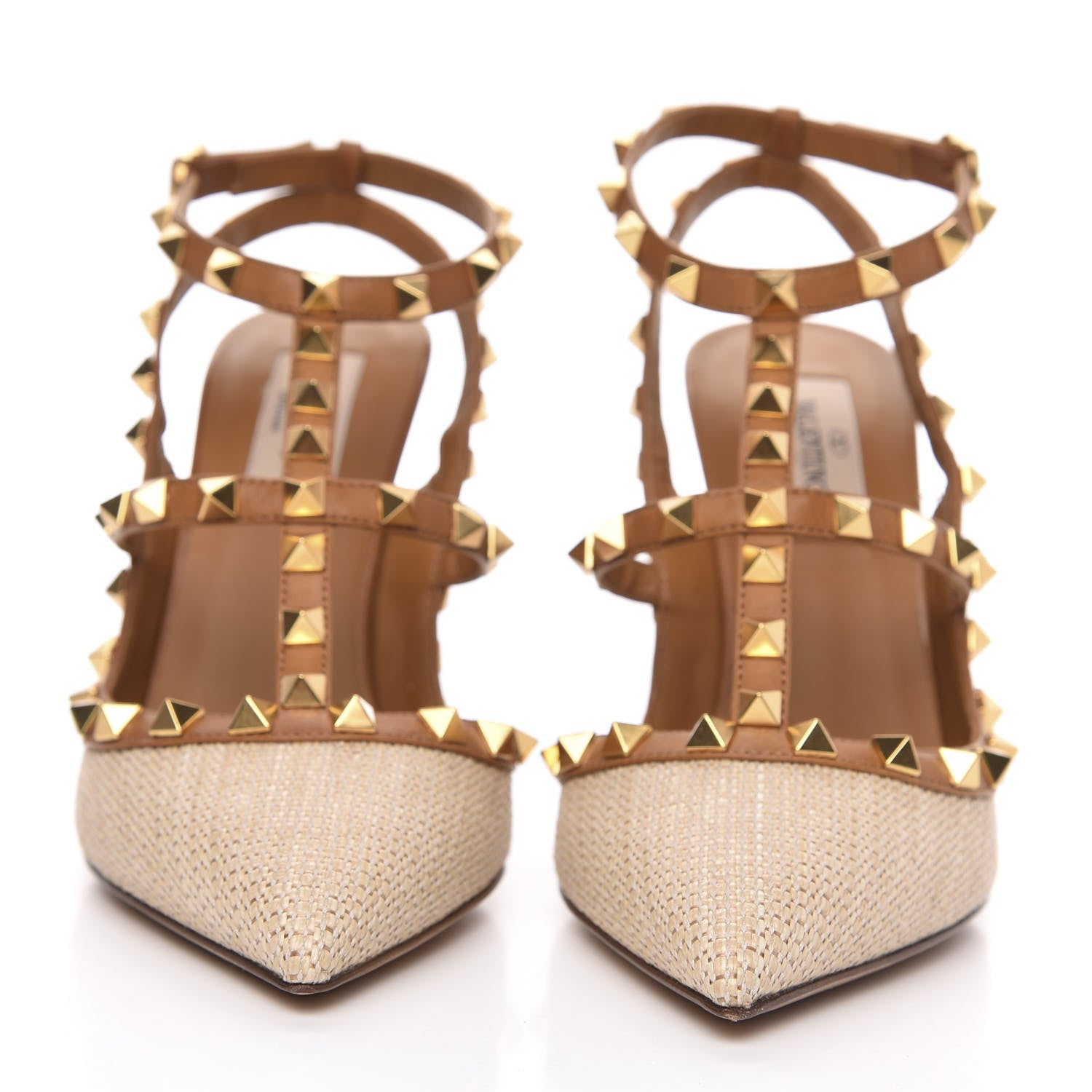 Valentino Garavani Raffia Calfskin Rockstud Ankle Strap 100mm Pumps 37.5 Natural Saddle Brown 2 of 9