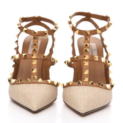 Valentino Garavani Raffia Calfskin Rockstud Ankle Strap 100mm Pumps 37.5 Natural Saddle Brown 2 of 9