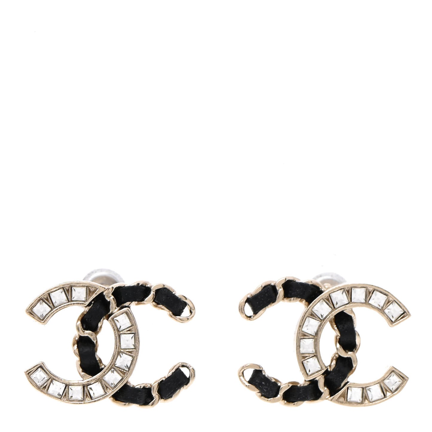 Crystal Baguette Lambskin Chain CC Vintage Allure Stud Earrings Black Gold