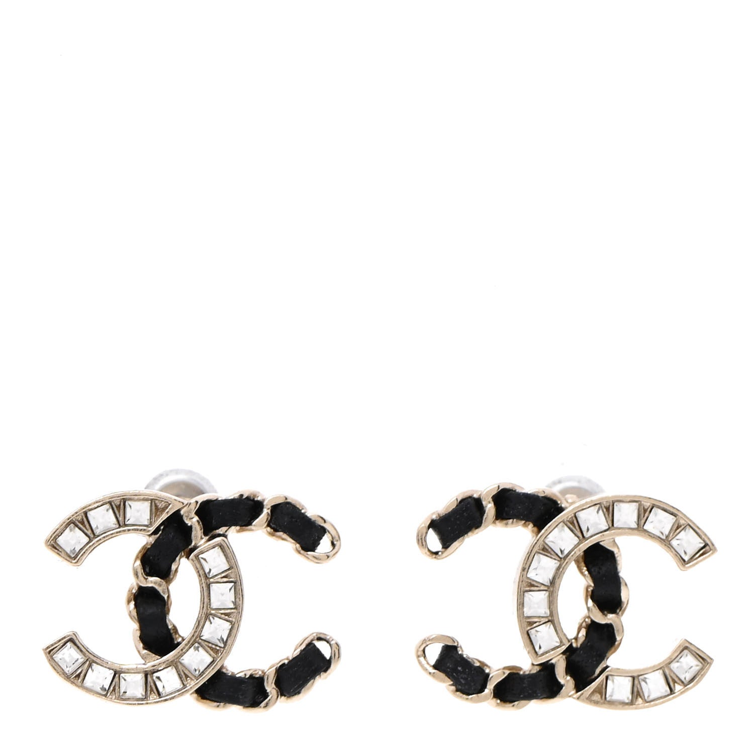 Chanel Crystal Baguette Lambskin Chain CC Vintage Allure Stud Earrings Black Gold 1 of 5