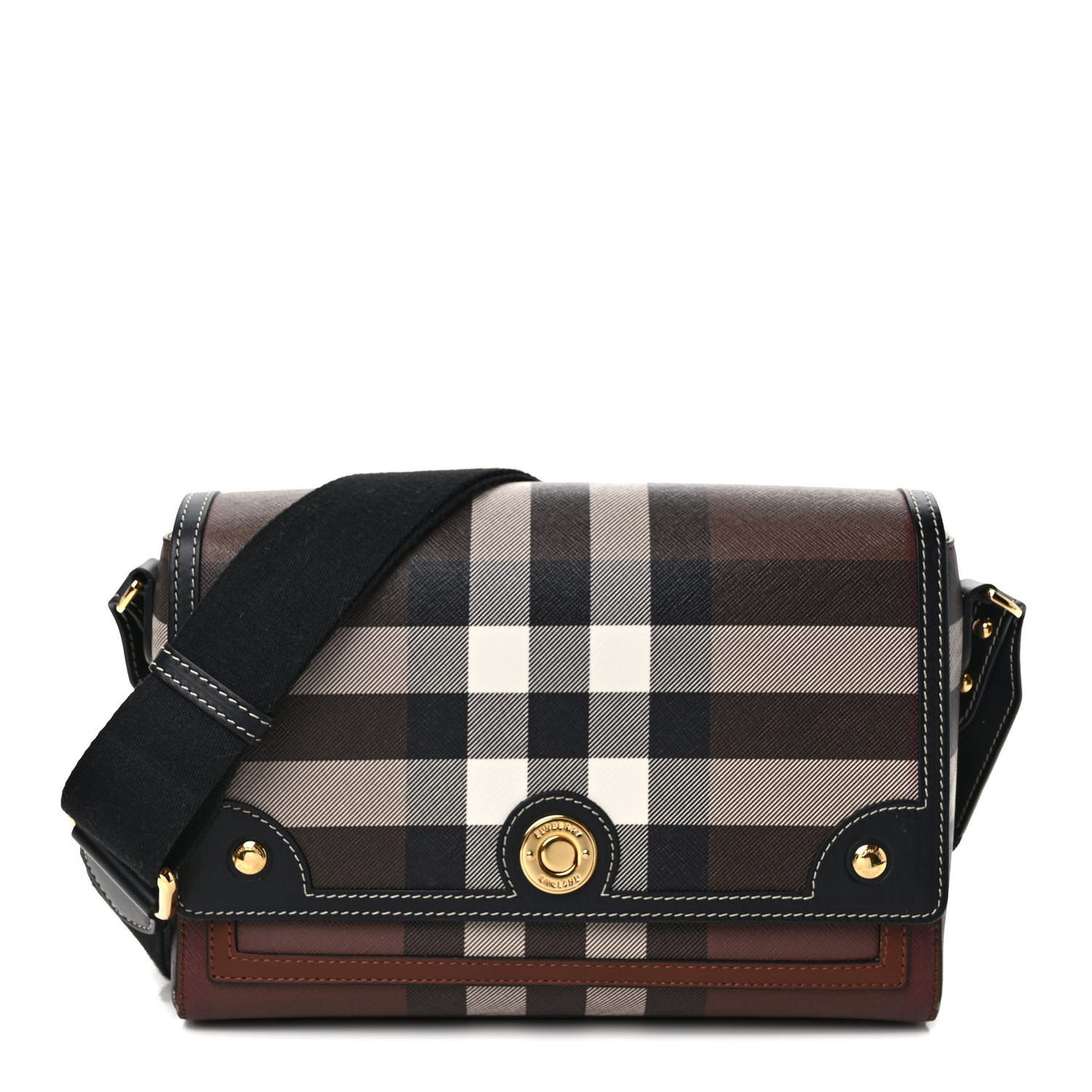 Calfskin Giant Check E-Canvas Note Crossbody Bag Dark Birch Brown