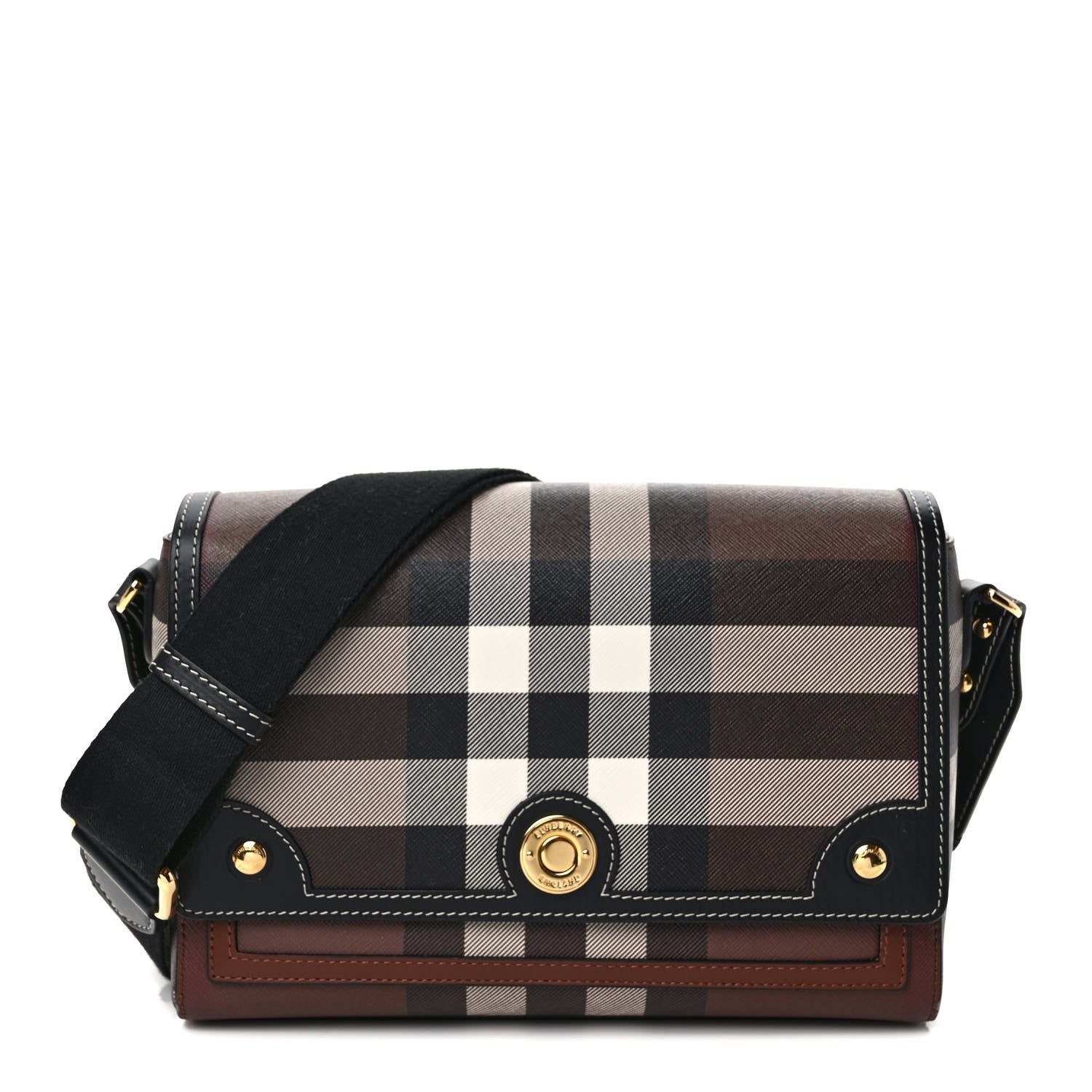 Burberry Calfskin Giant Check E-Canvas Note Crossbody Bag Dark Birch Brown 1 of 8