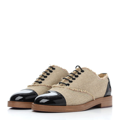 Chanel Fabric Patent Calfskin Lace Up Cap Toe Oxfords 39.5 Beige Black 5 of 18