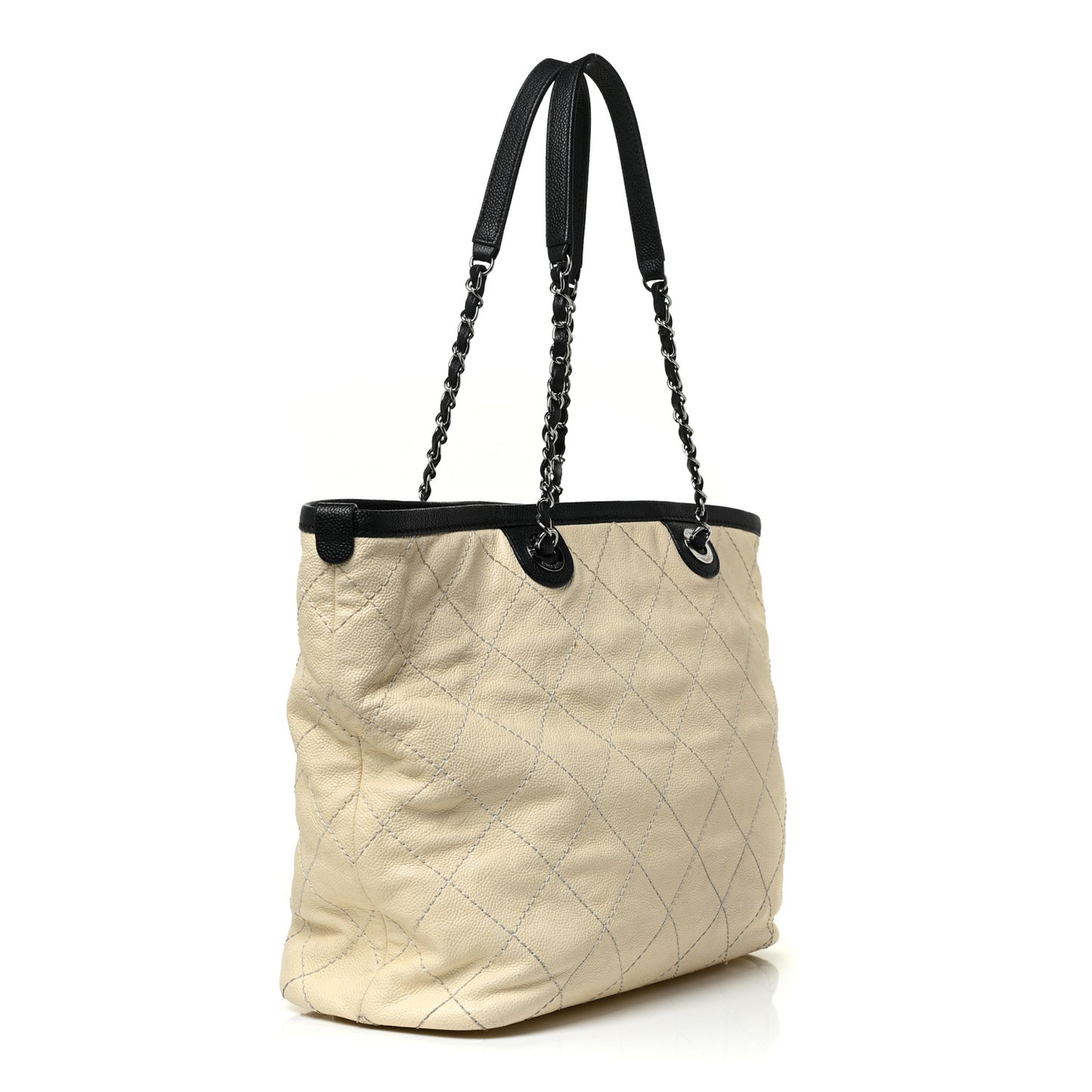 Grained Calfskin Quilted Small Daily Tote Dark White Black