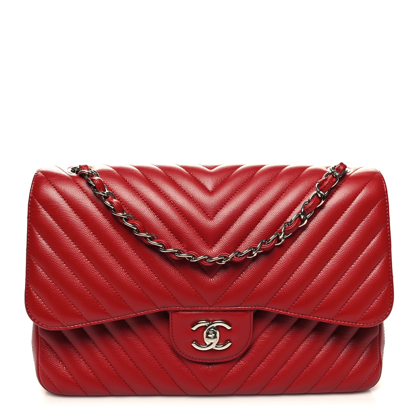 Caviar Chevron Quilted Jumbo Double Flap Red