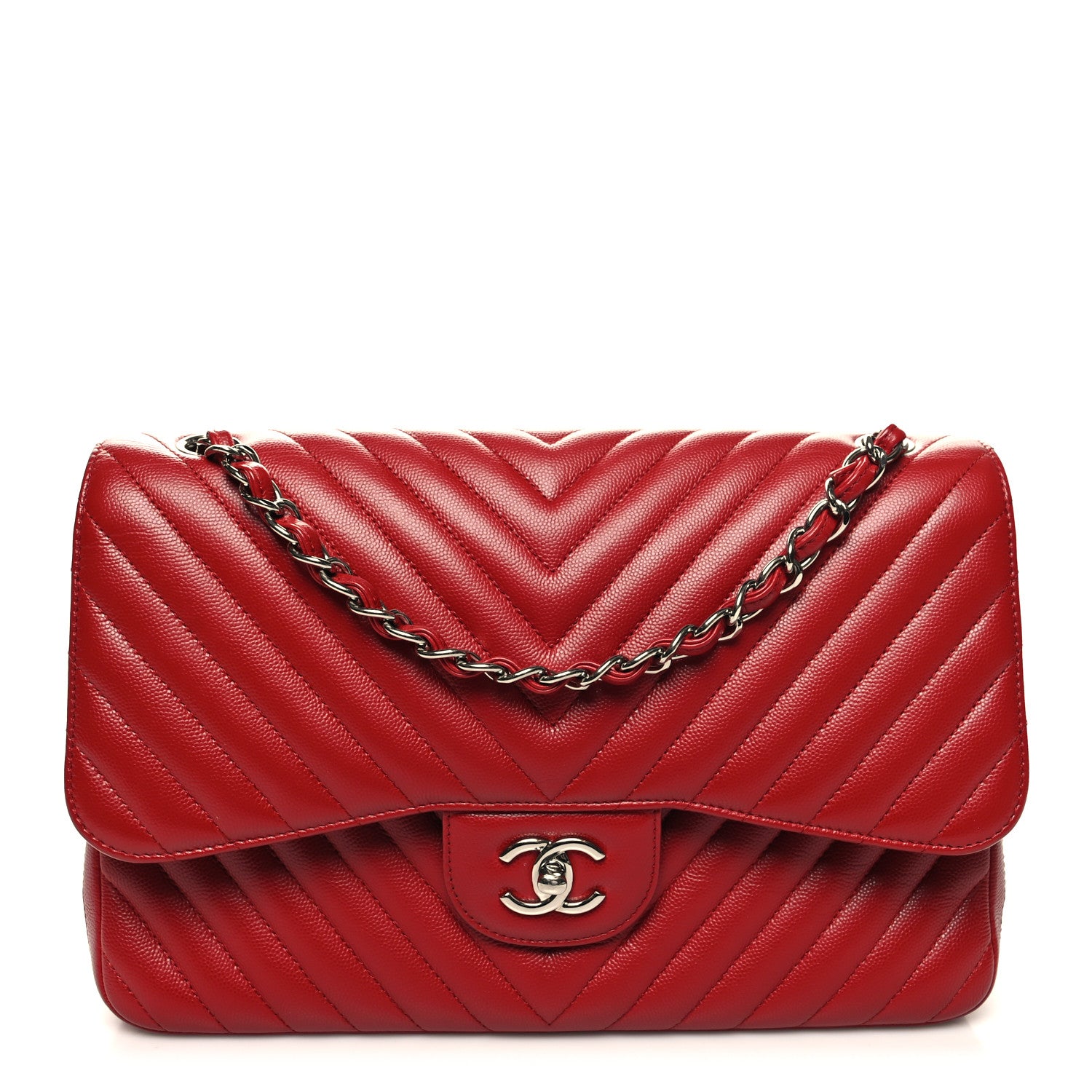 Chanel Caviar Chevron Quilted Jumbo Double Flap Red 1 of 12