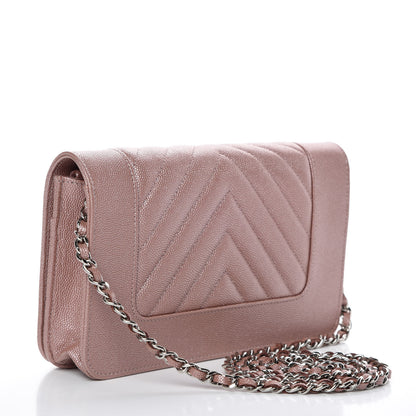 Chanel Metallic Caviar Chevron Quilted Vintage Mademoiselle Wallet On Chain WOC Pink 3 of 11