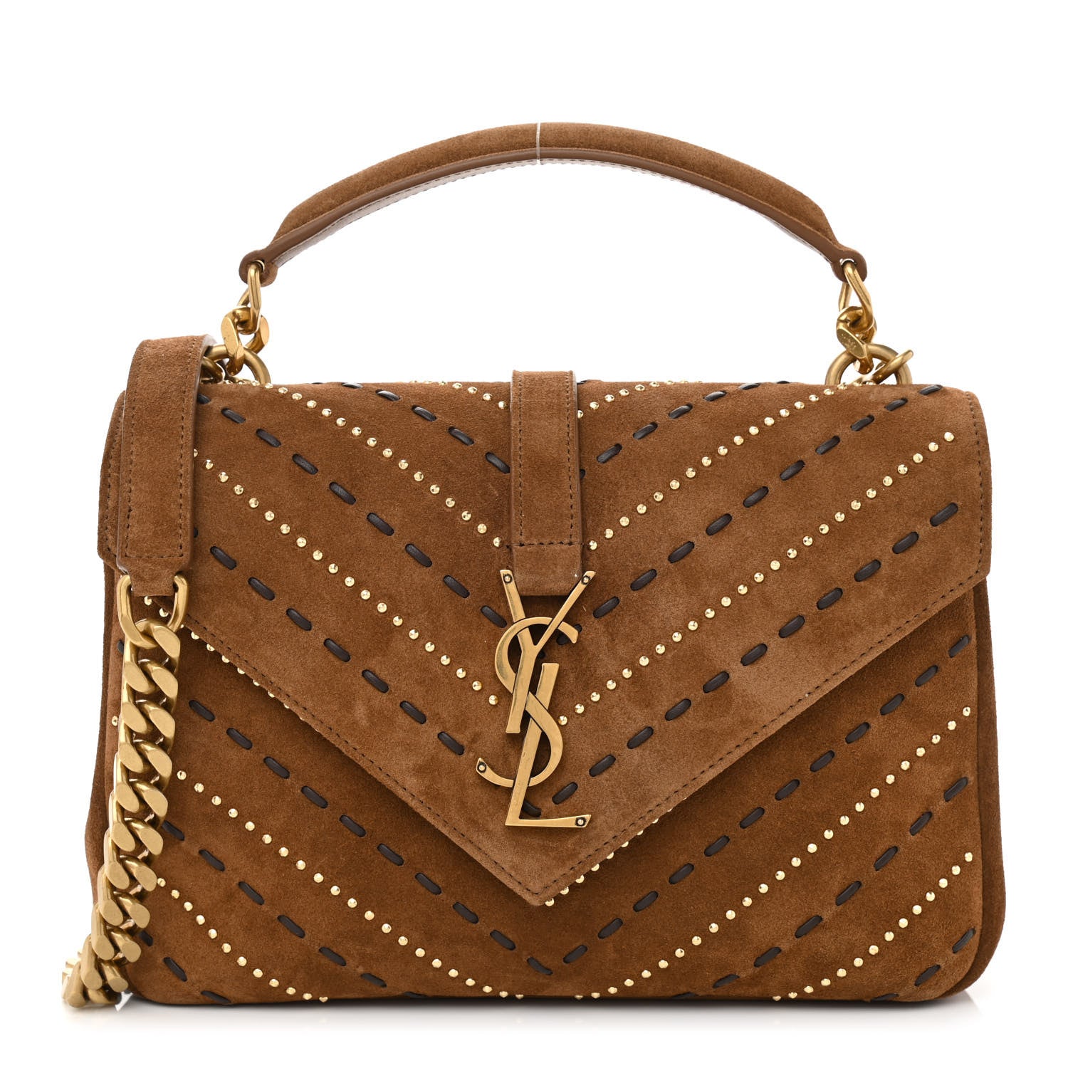 Saint Laurent Suede Matelasse Chevron Studded Monogram Medium College Bag Brown 1 of 8