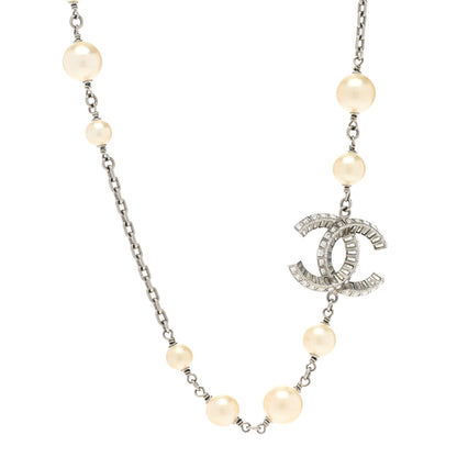Chanel Pearl Crystal Baguette CC Short Necklace Silver 1 of 6