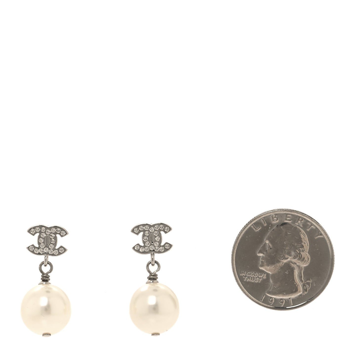 Crystal Pearl CC Drop Earrings Silver Pearly White