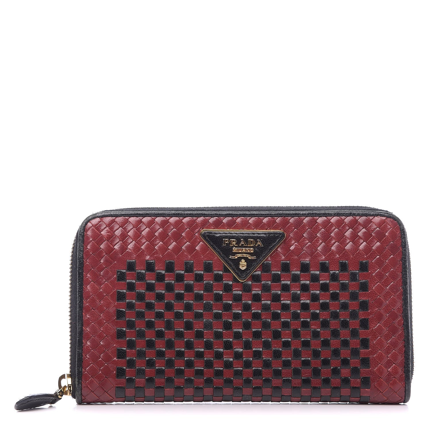 Prada Goatskin Woven Zip Around Wallet Rubino Black 1 of 7