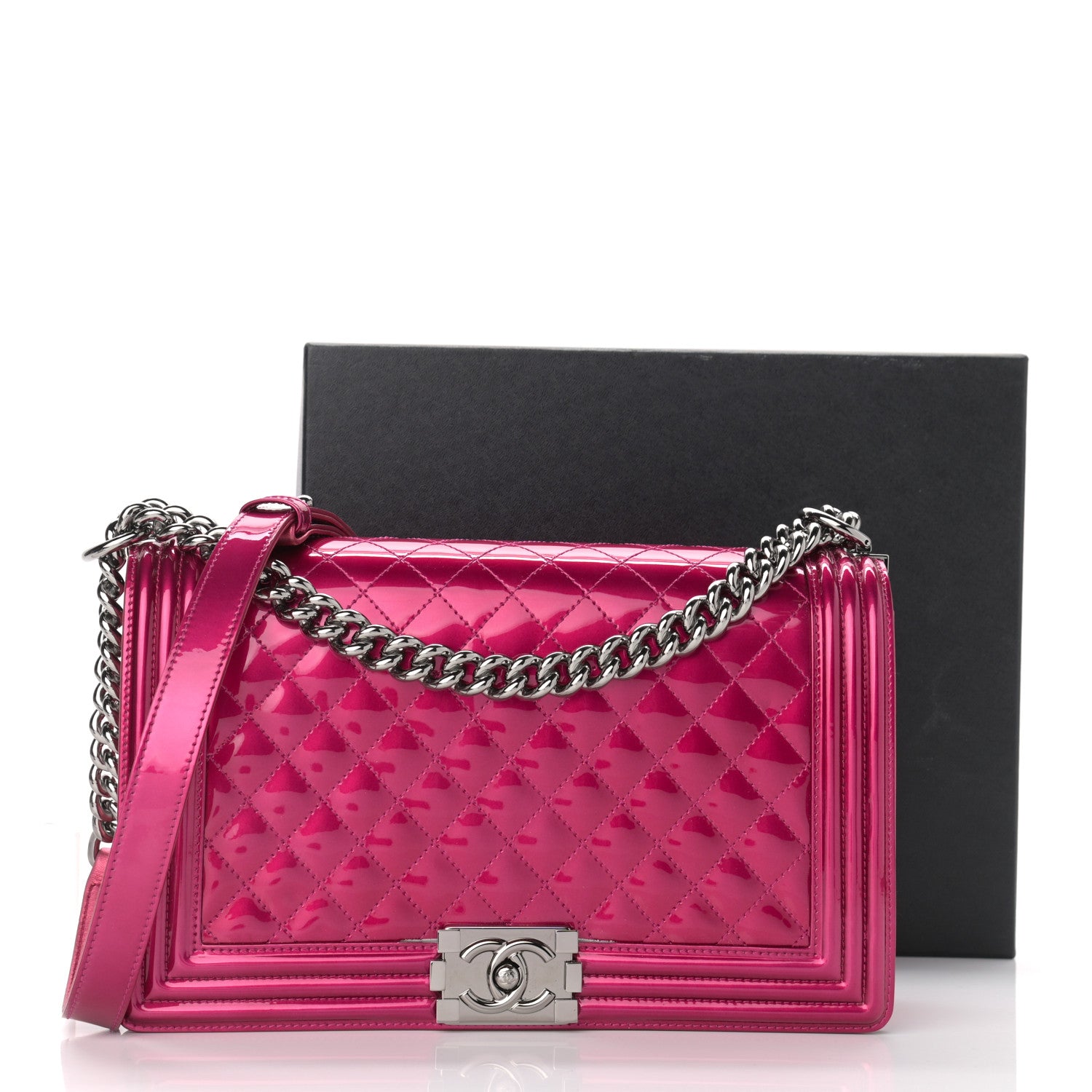 Chanel Metallic Patent Quilted New Medium Boy Flap Fuchsia 15 of 15