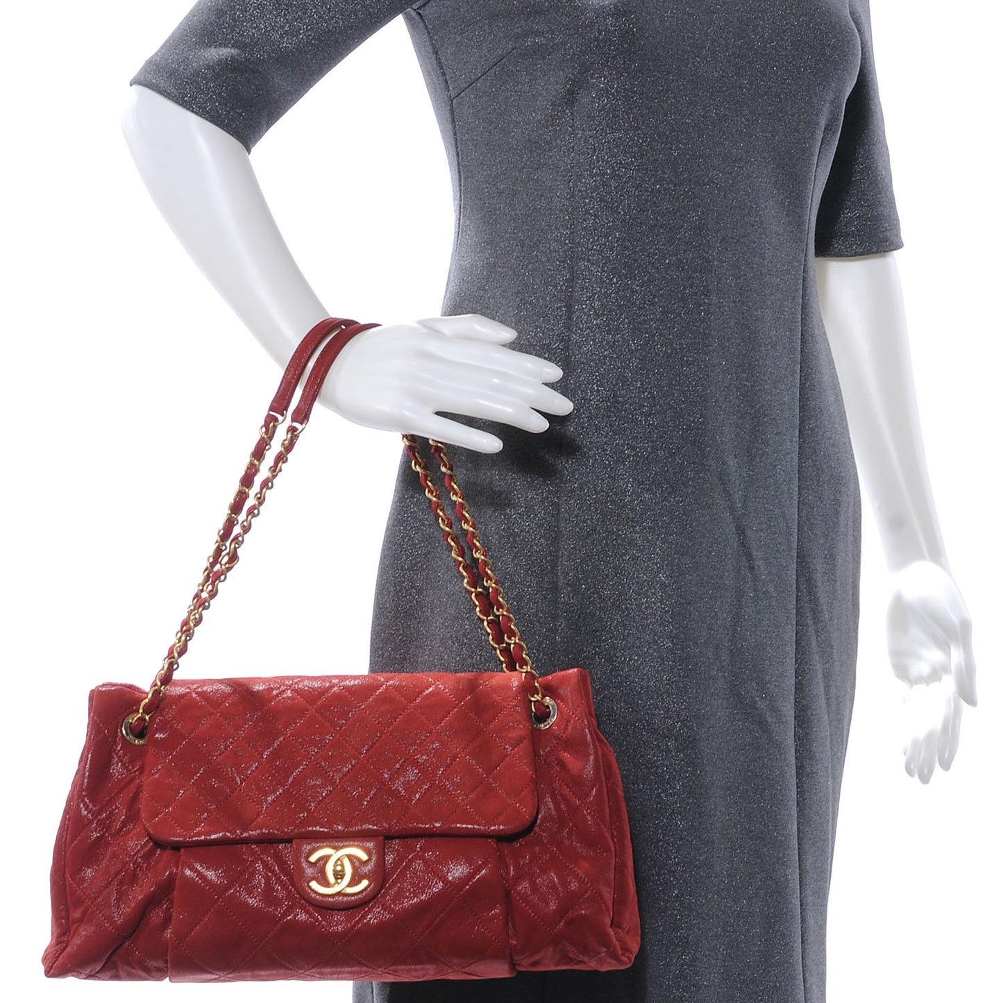 Iridescent Calfskin Chic Quilt Large Flap Red