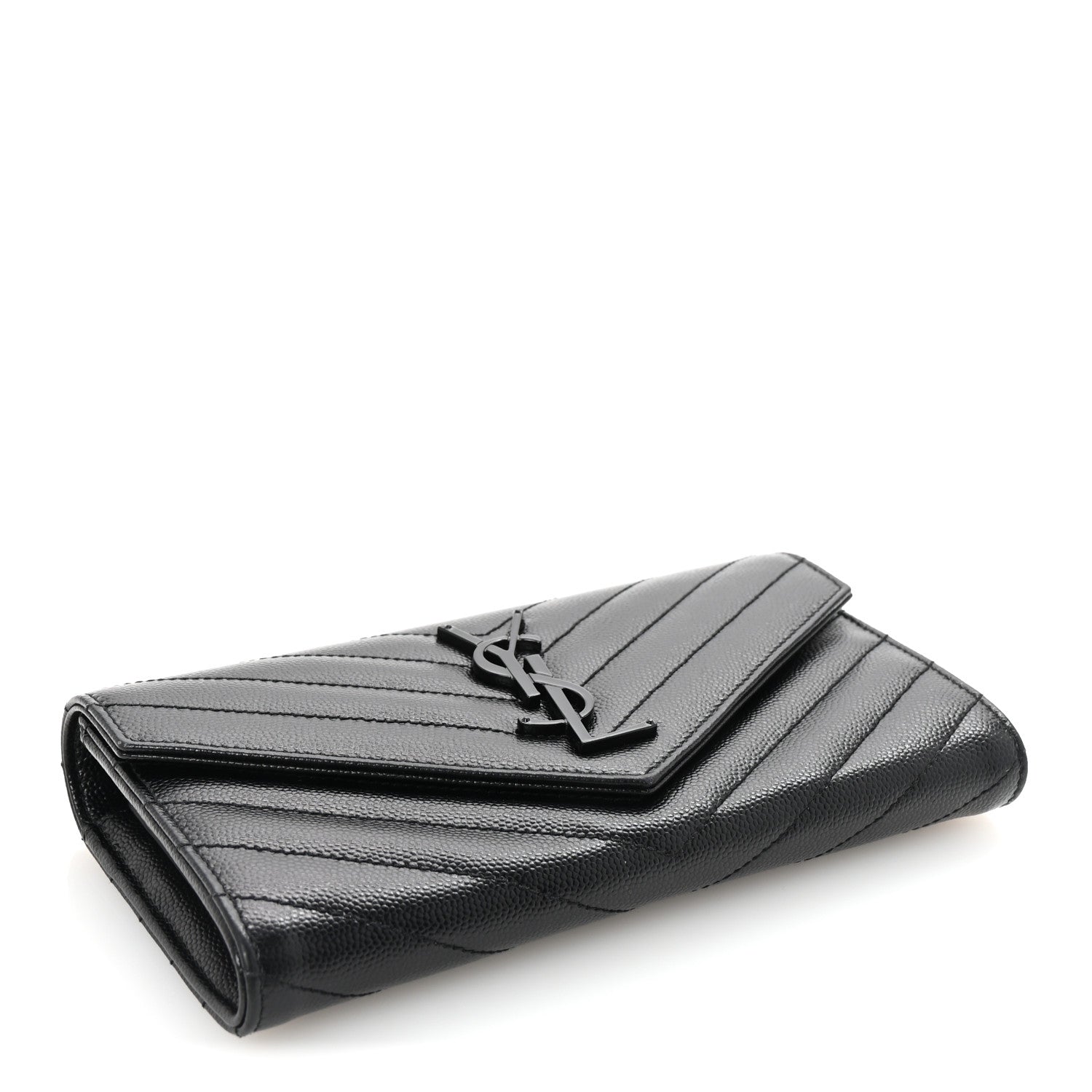 Saint Laurent Grain De Poudre Matelasse Chevron Monogram Flap Wallet Black 4 of 7