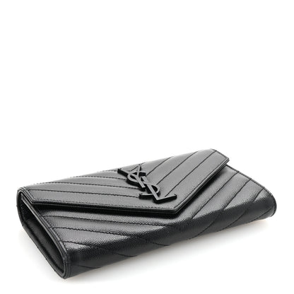 Saint Laurent Grain De Poudre Matelasse Chevron Monogram Flap Wallet Black 4 of 7
