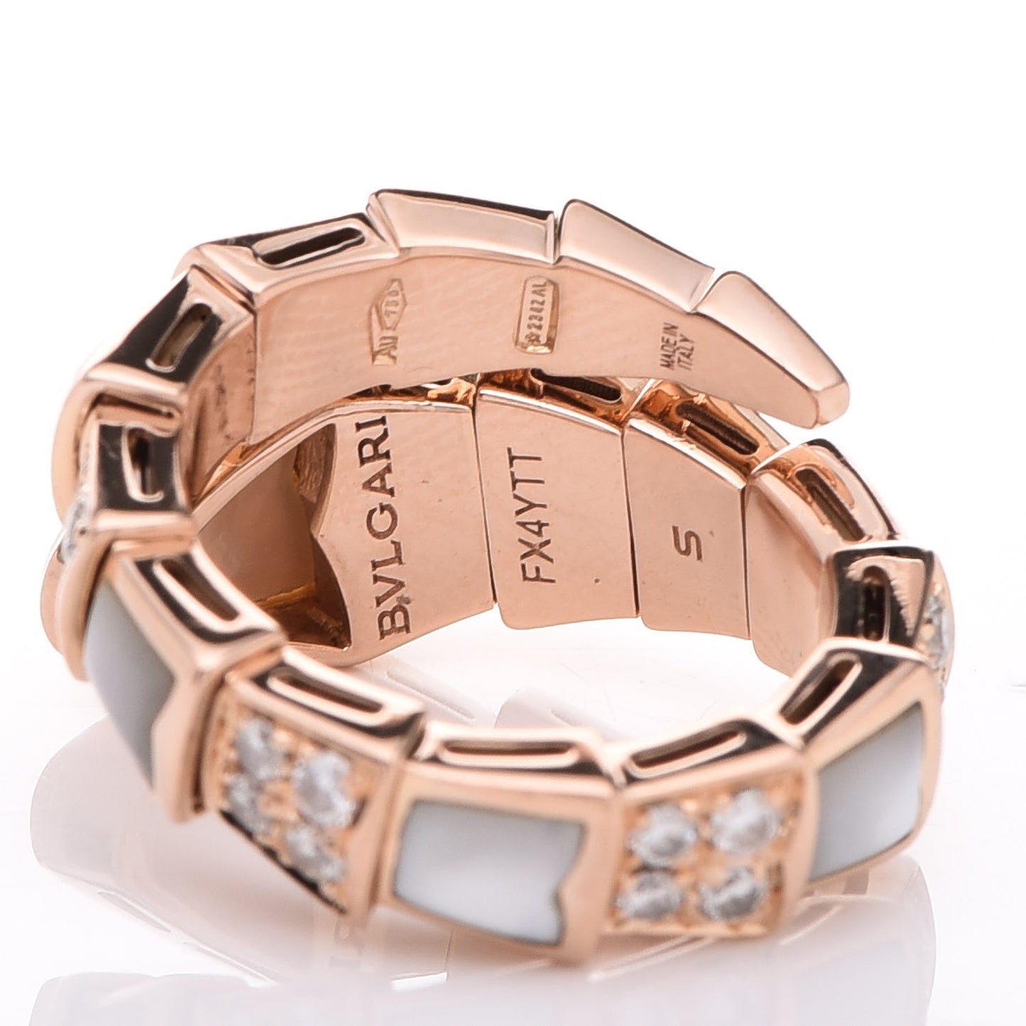 BVLGARI 18K Rose Gold Diamond Mother of Pearl Serpenti Ring S 49 5