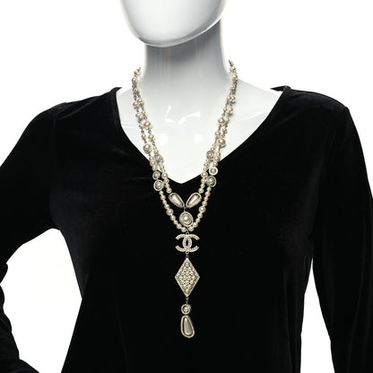 Chanel Crystal Pearl CC Drop Necklace Silver White 2 of 5